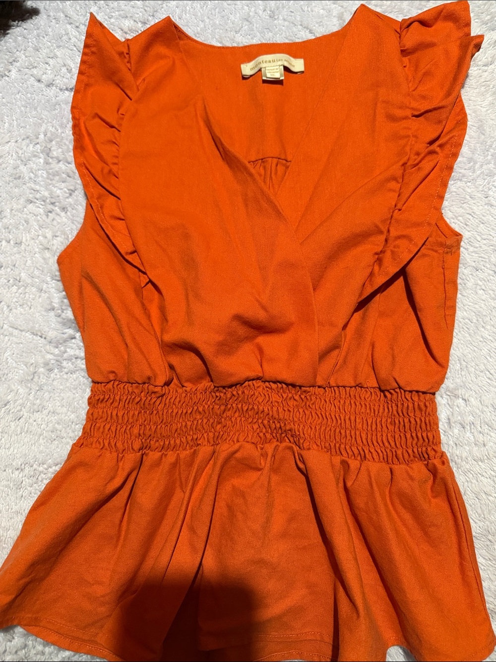 Bright Orange Ruffle Sleeve Smocked Waist Blouse